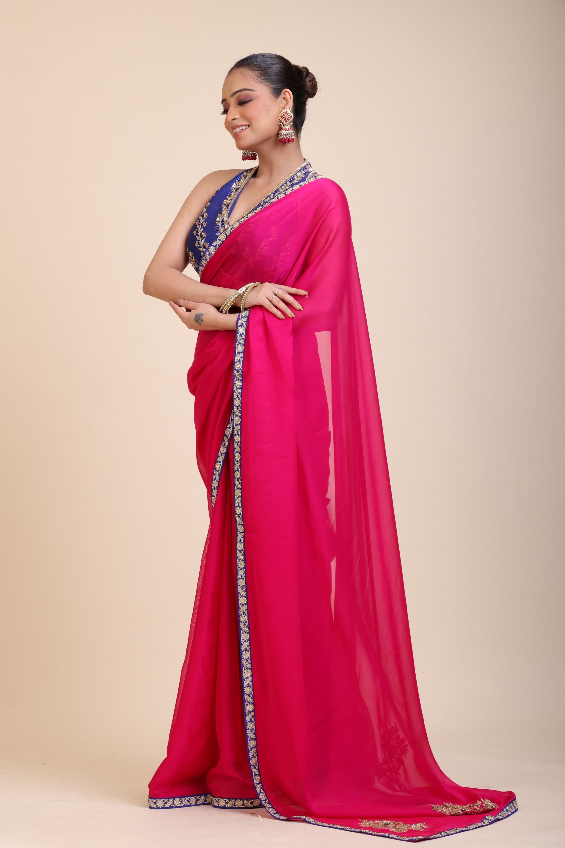 Pink Organza Designer Saree with Blue Hand Embroidered Border - Pallu
