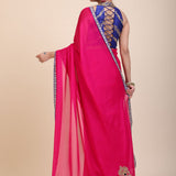 Pink Organza Designer Saree with Blue Hand Embroidered Border - Back
