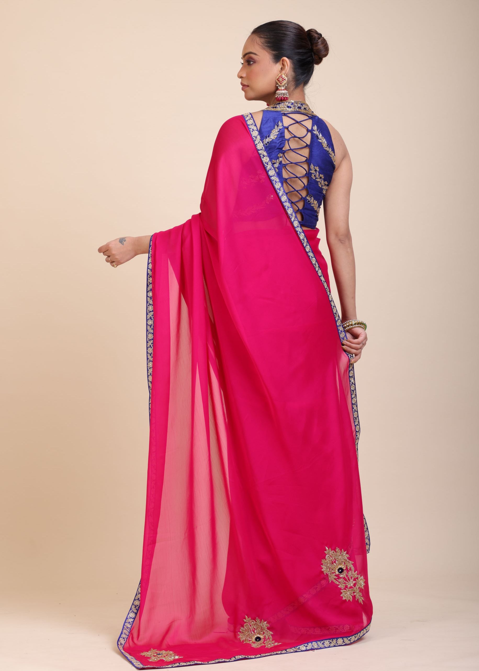 Pink Organza Designer Saree with Blue Hand Embroidered Border - Back
