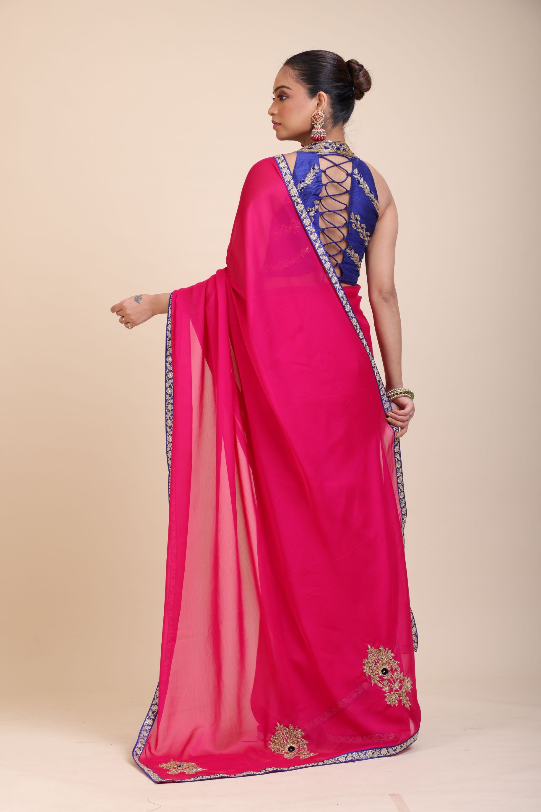 Pink Organza Designer Saree with Blue Hand Embroidered Border - Back
