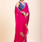 Pink Organza Designer Saree with Blue Hand Embroidered Border - Side
