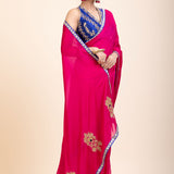 Pink Organza Designer Saree with Blue Hand Embroidered Border - Side
