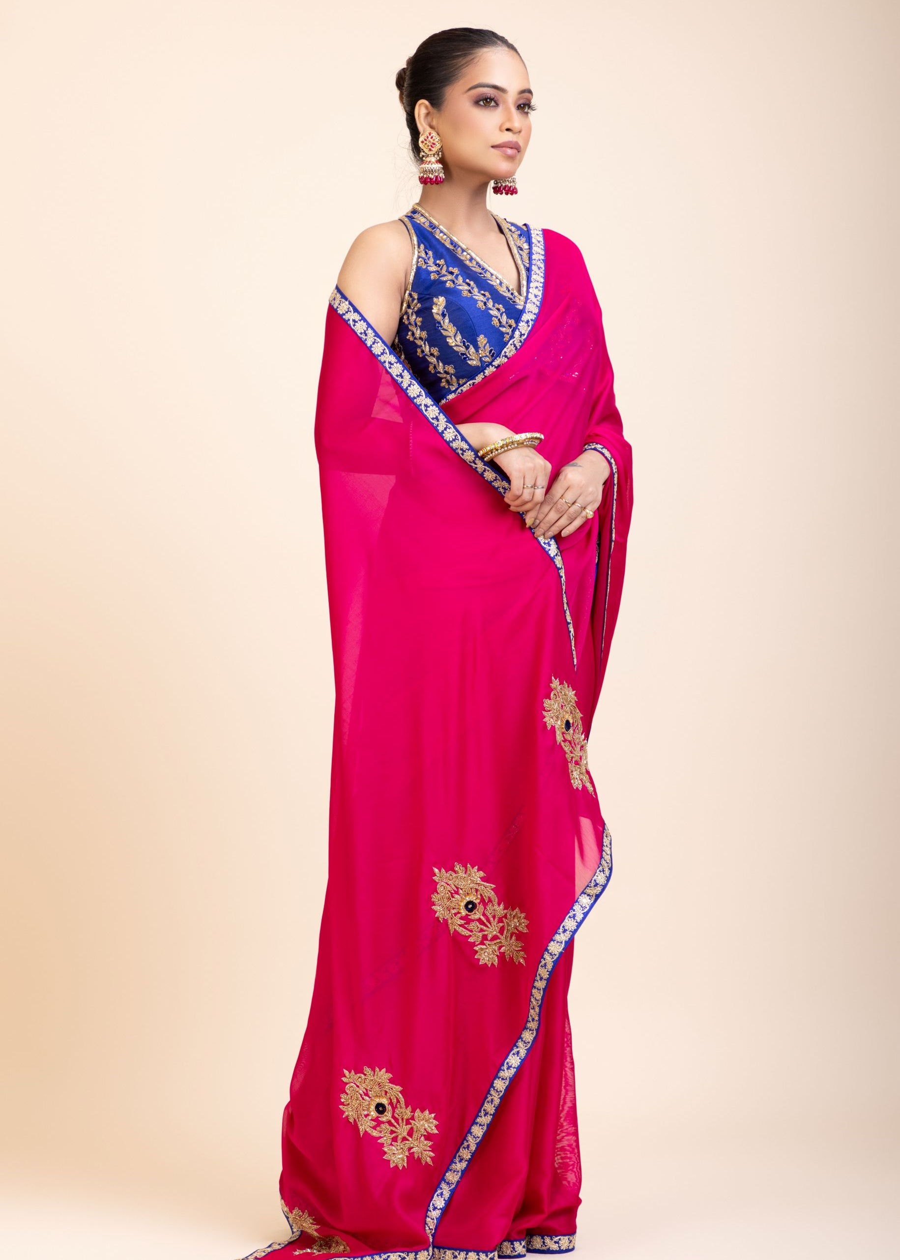Pink Organza Designer Saree with Blue Hand Embroidered Border - Side
