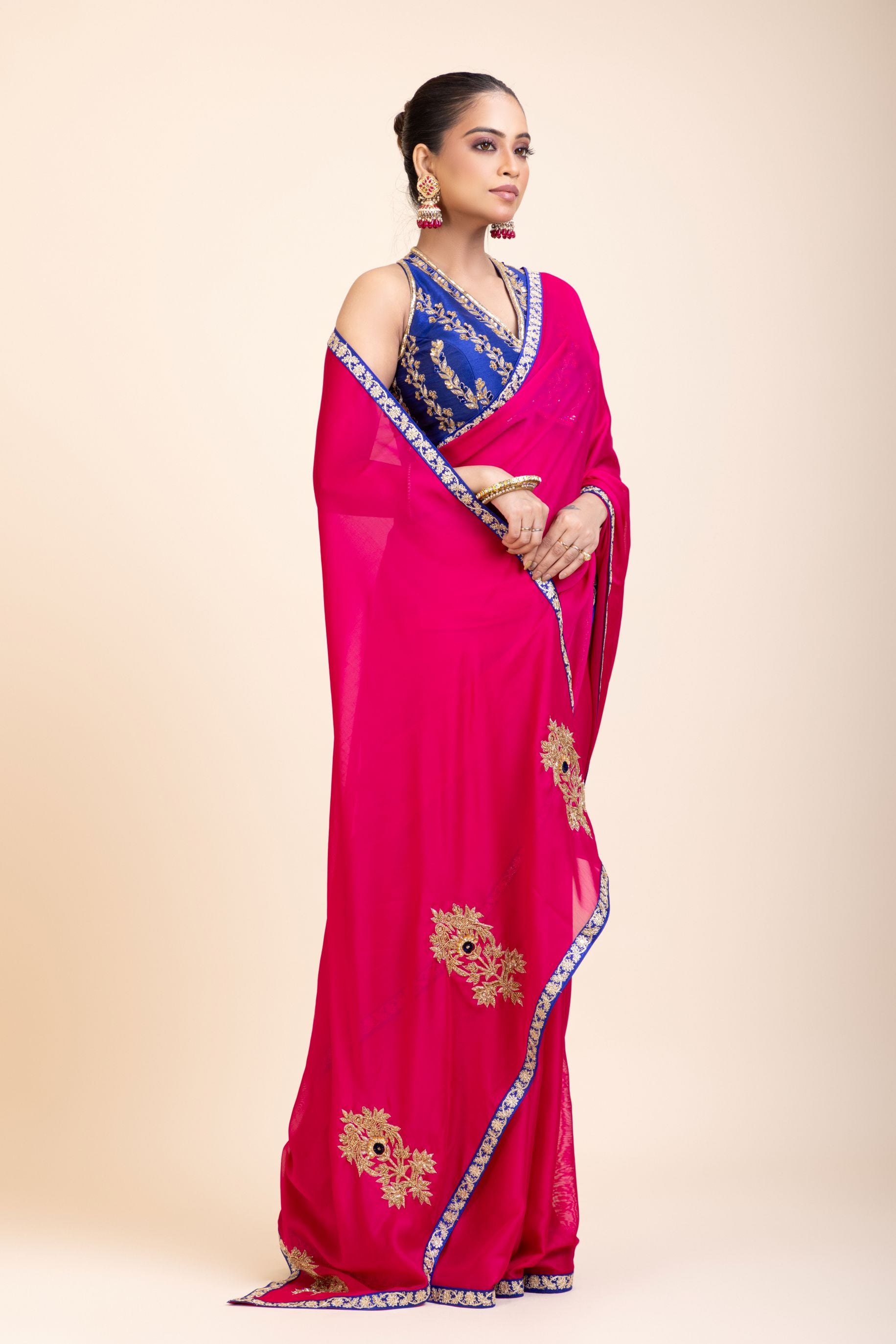 Pink Organza Designer Saree with Blue Hand Embroidered Border - Side
