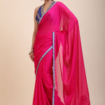 Pink Organza Designer Saree with Blue Hand Embroidered Border Full

