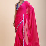 Pink Organza Designer Saree with Blue Hand Embroidered Border Full
