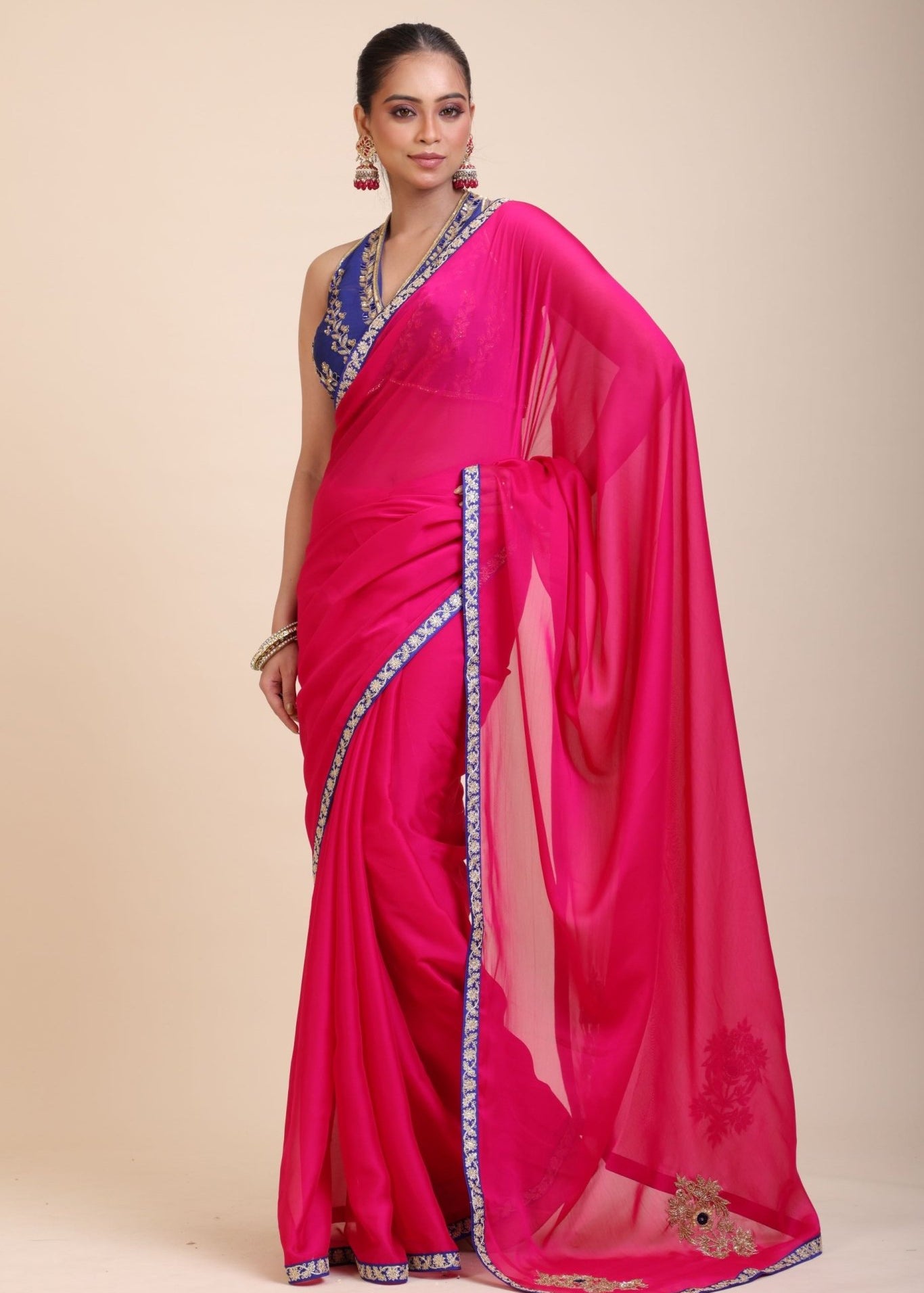 Pink Organza Designer Saree with Blue Hand Embroidered Border - Anvi Couture