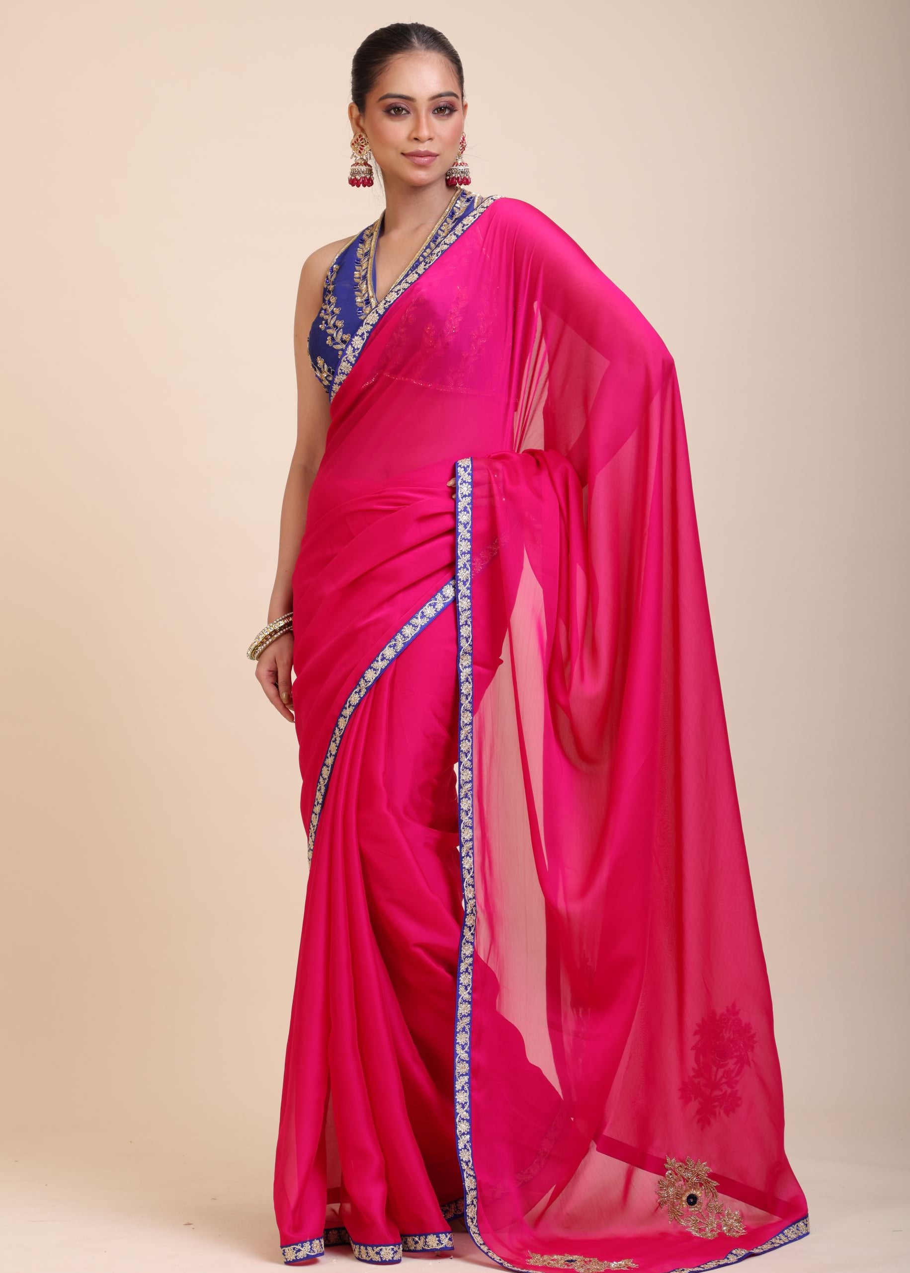 Pink Organza Designer Saree with Blue Hand Embroidered Border Full
