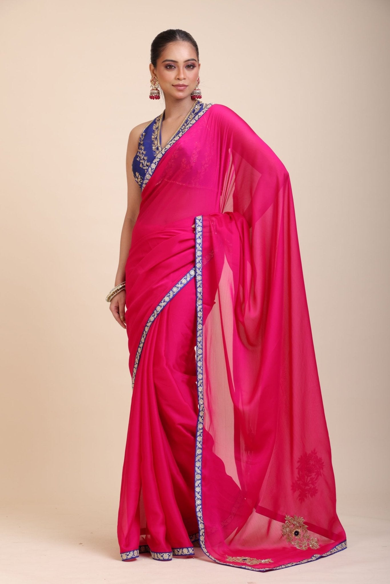 Pink Organza Designer Saree with Blue Hand Embroidered Border Full
