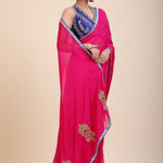  Pink Organza Designer Saree with Blue Hand Embroidered Border Front
