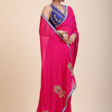  Pink Organza Designer Saree with Blue Hand Embroidered Border Front
