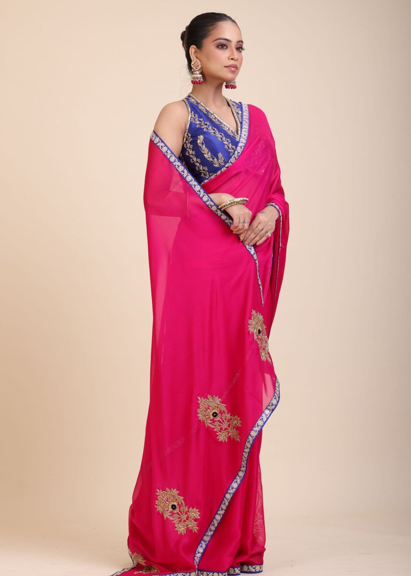 Pink Organza Designer Saree with Blue Hand Embroidered Border - Anvi Couture