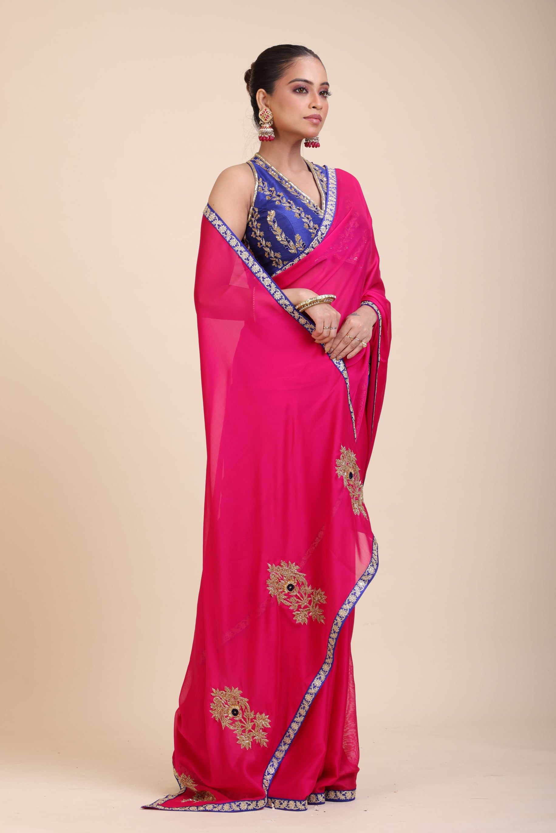  Pink Organza Designer Saree with Blue Hand Embroidered Border Front

