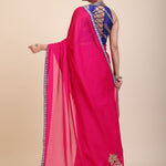  Pink Organza Designer Saree with Blue Hand Embroidered Border Back
