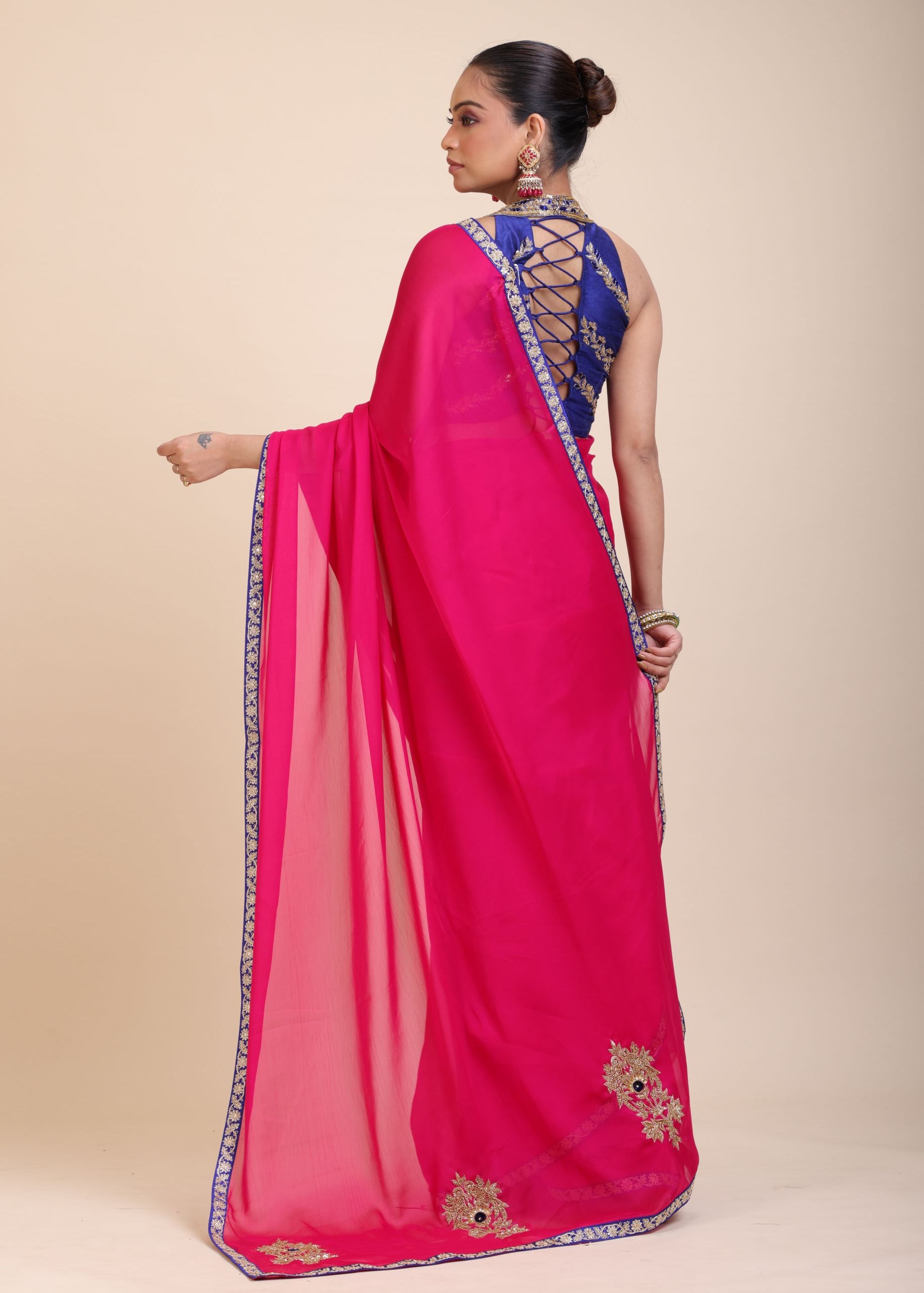  Pink Organza Designer Saree with Blue Hand Embroidered Border Back
