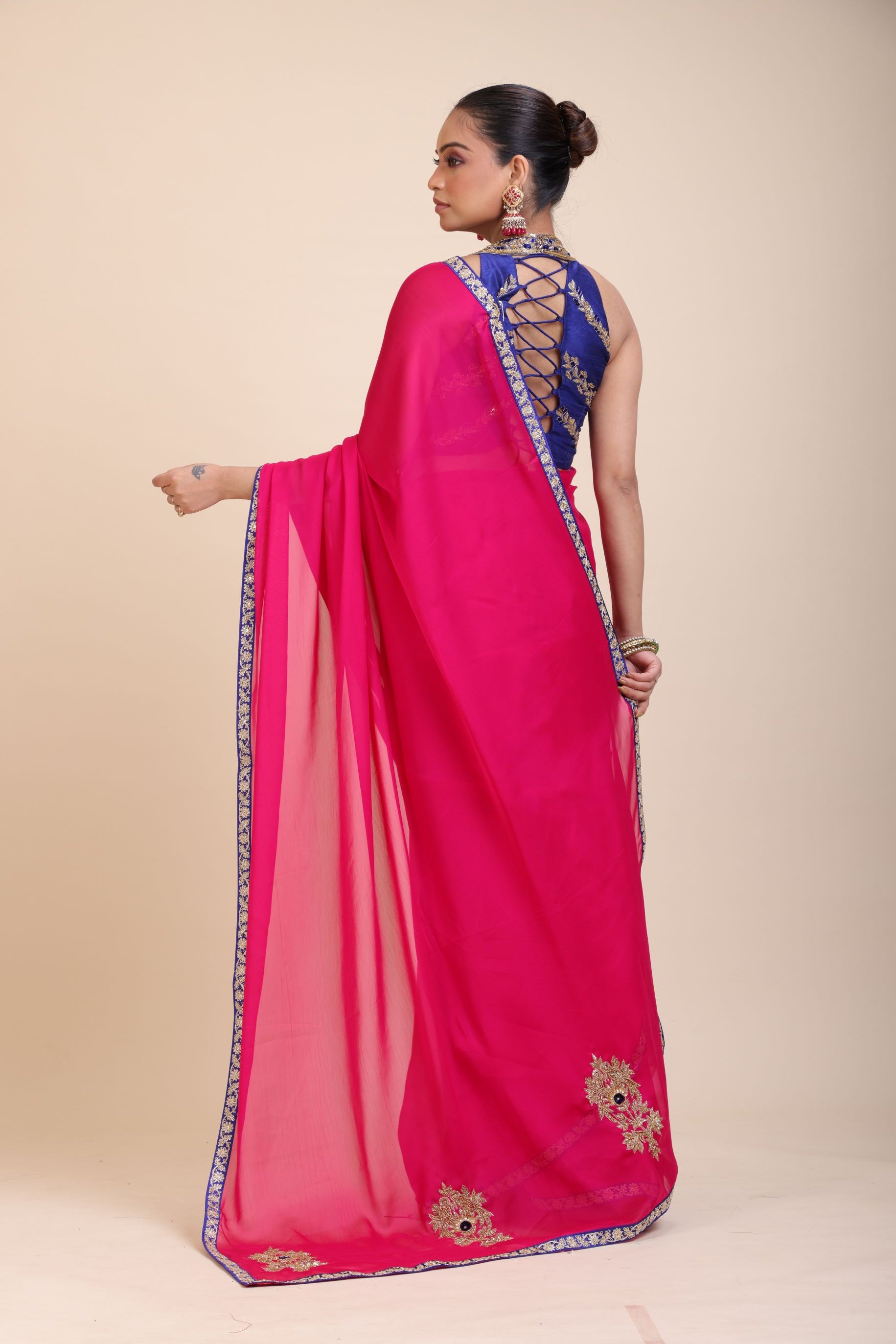  Pink Organza Designer Saree with Blue Hand Embroidered Border Back
