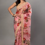 Pink Organza Floral Digital Print Saree with Embroidered Border - Anvi Couture