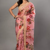 Pink Organza Floral Digital Print Saree with Embroidered Border - Anvi Couture