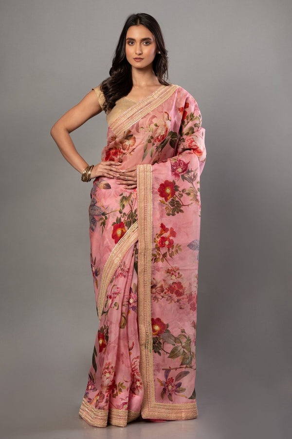 Pink Organza Floral Digital Print Saree with Embroidered Border - Anvi Couture