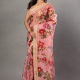 Pink Organza Floral Digital Print Saree with Embroidered Border - Anvi Couture