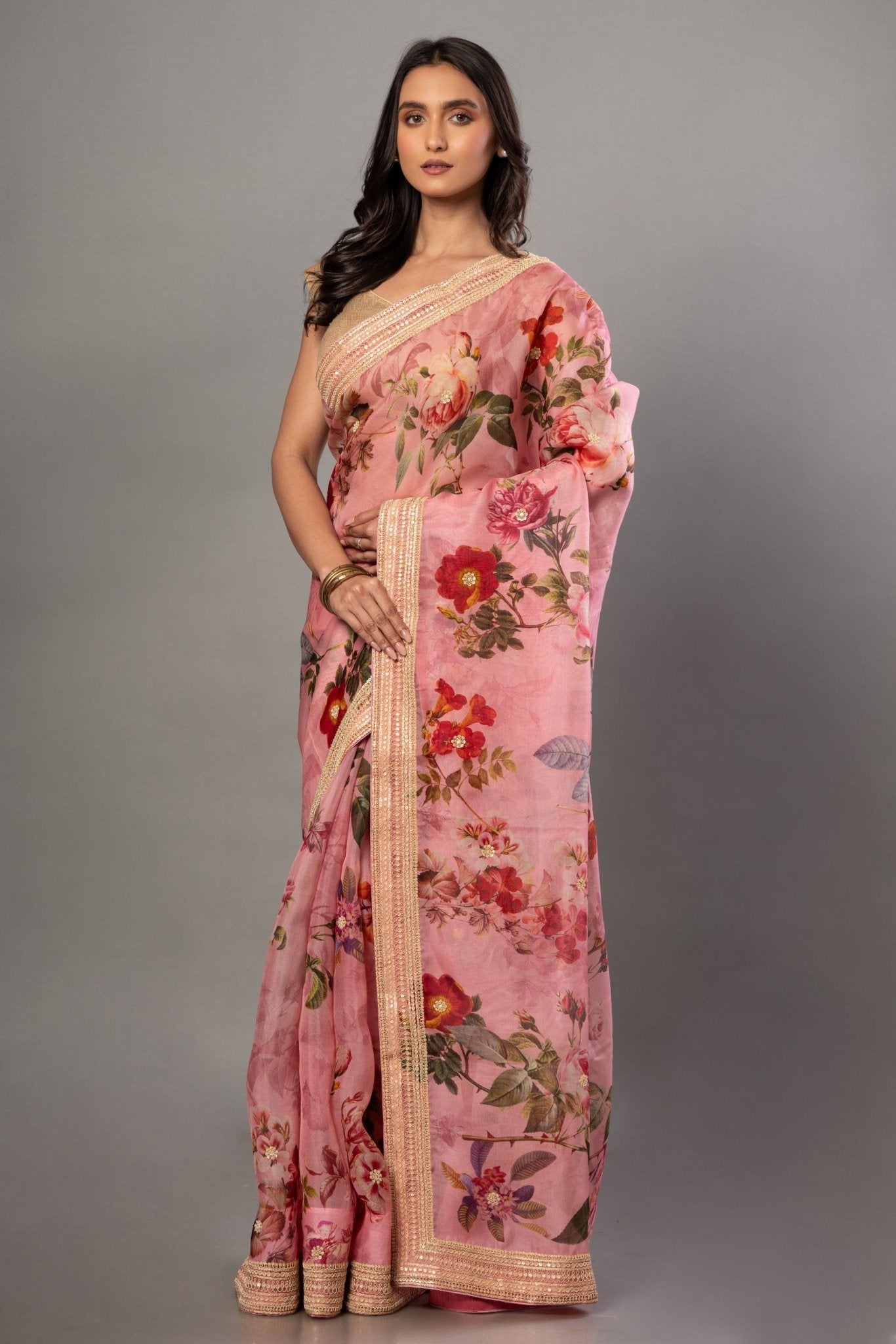 Pink Organza Floral Digital Print Saree with Embroidered Border - Anvi Couture