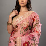 Pink Organza Floral Digital Print Saree with Embroidered Border - Anvi Couture
