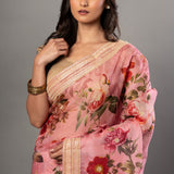 Pink Organza Floral Digital Print Saree with Embroidered Border - Anvi Couture