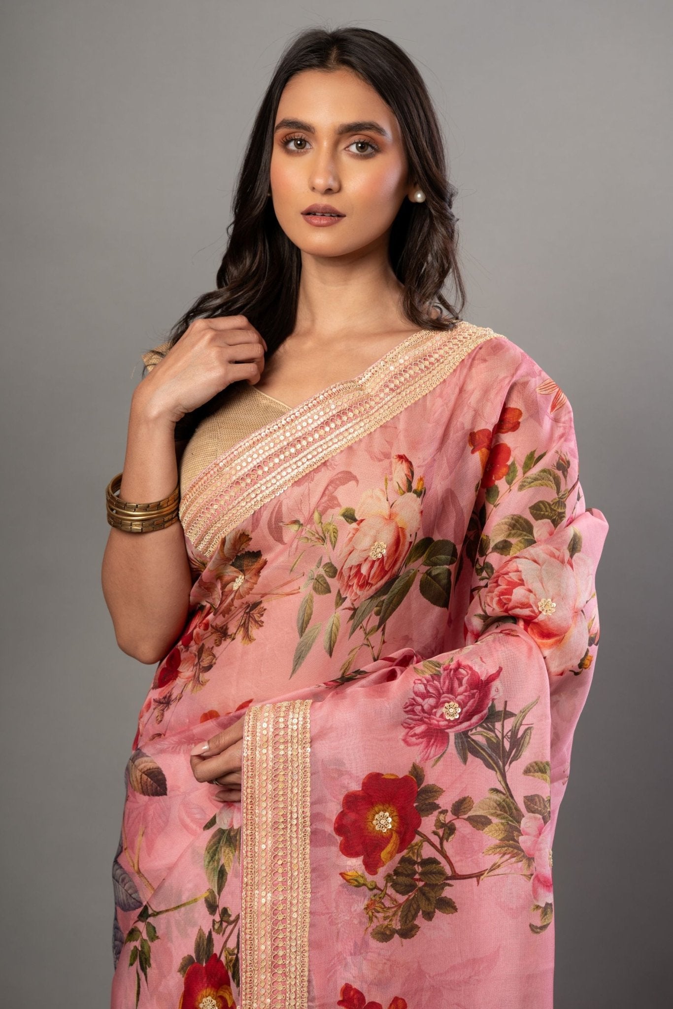 Pink Organza Floral Digital Print Saree with Embroidered Border - Anvi Couture