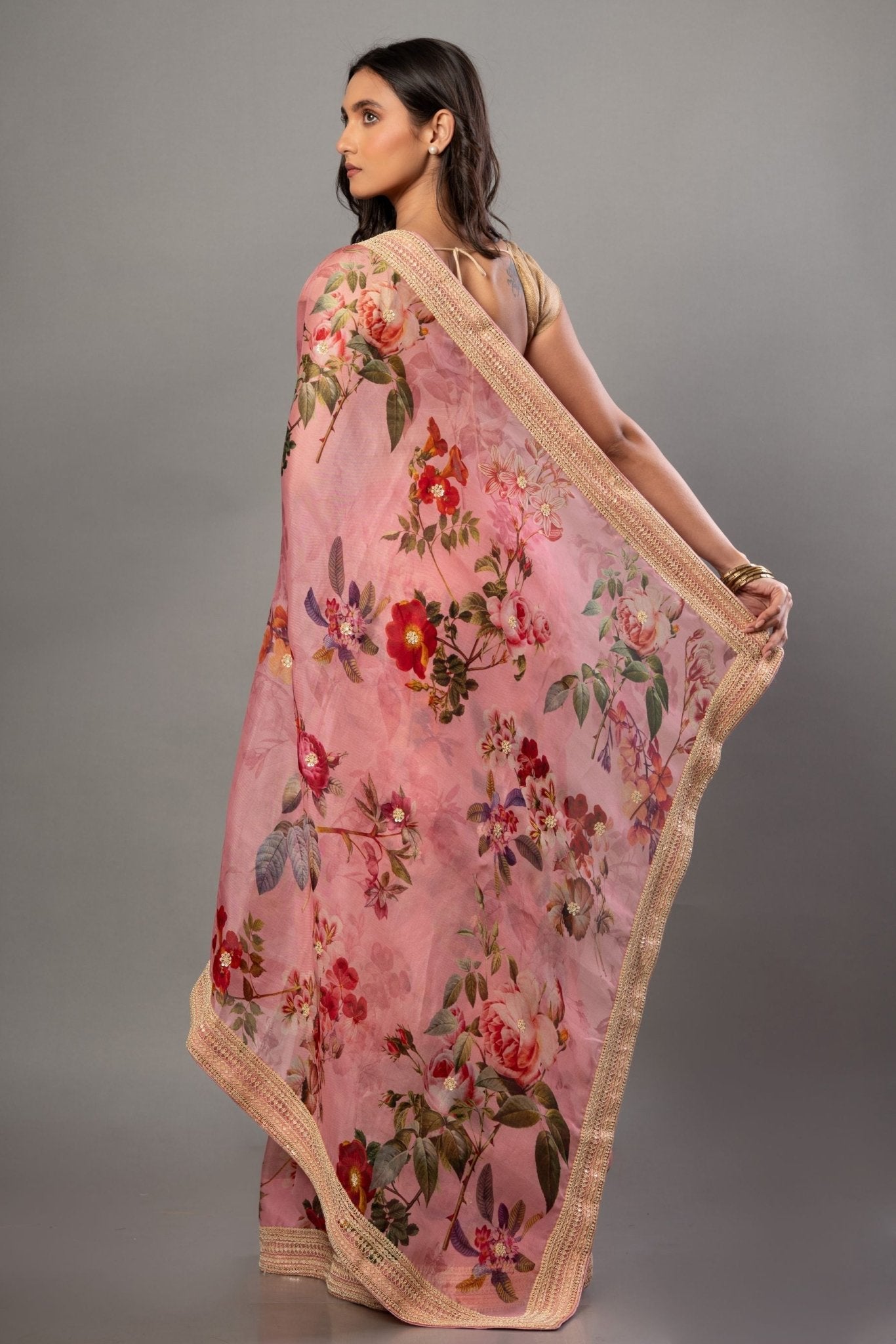 Pink Organza Floral Digital Print Saree with Embroidered Border - Anvi Couture