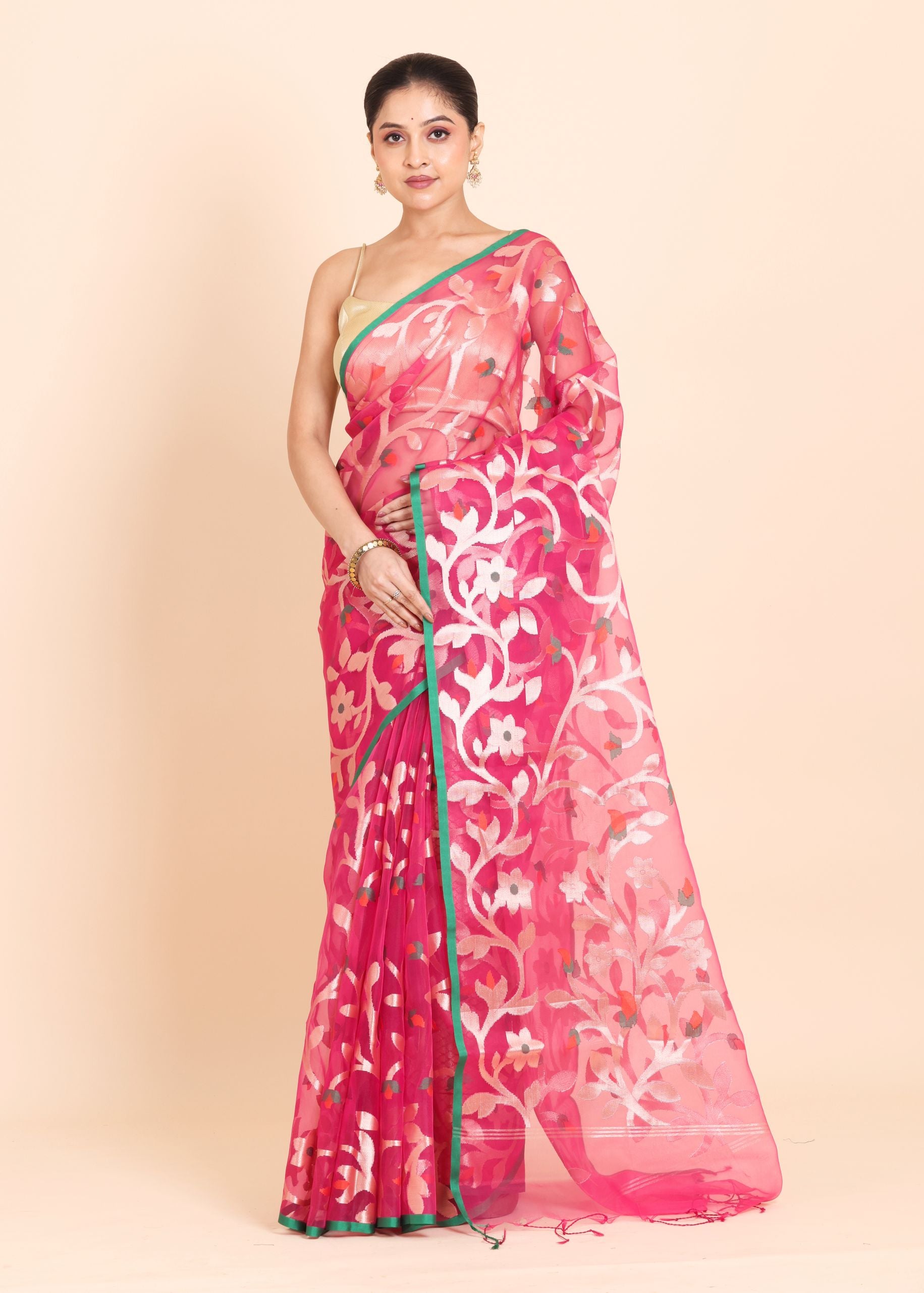 Pink Organza Jamdani Saree With all Over Jaal Work Full