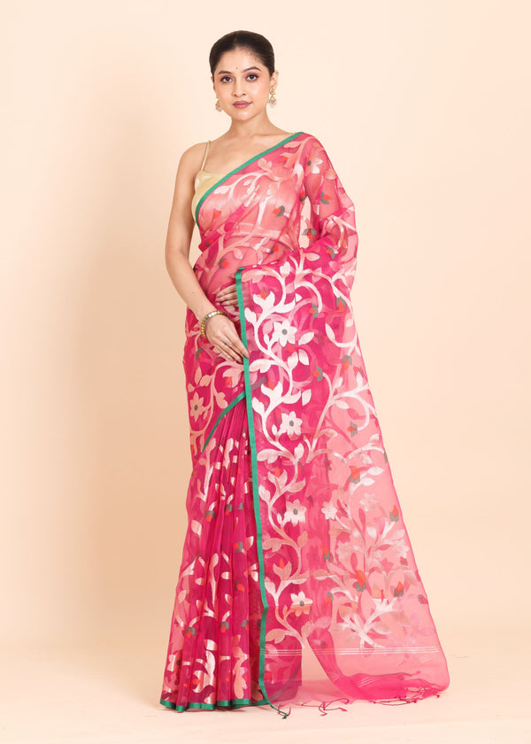 Pink Organza Jamdani Saree With all Over Jaal Work Full