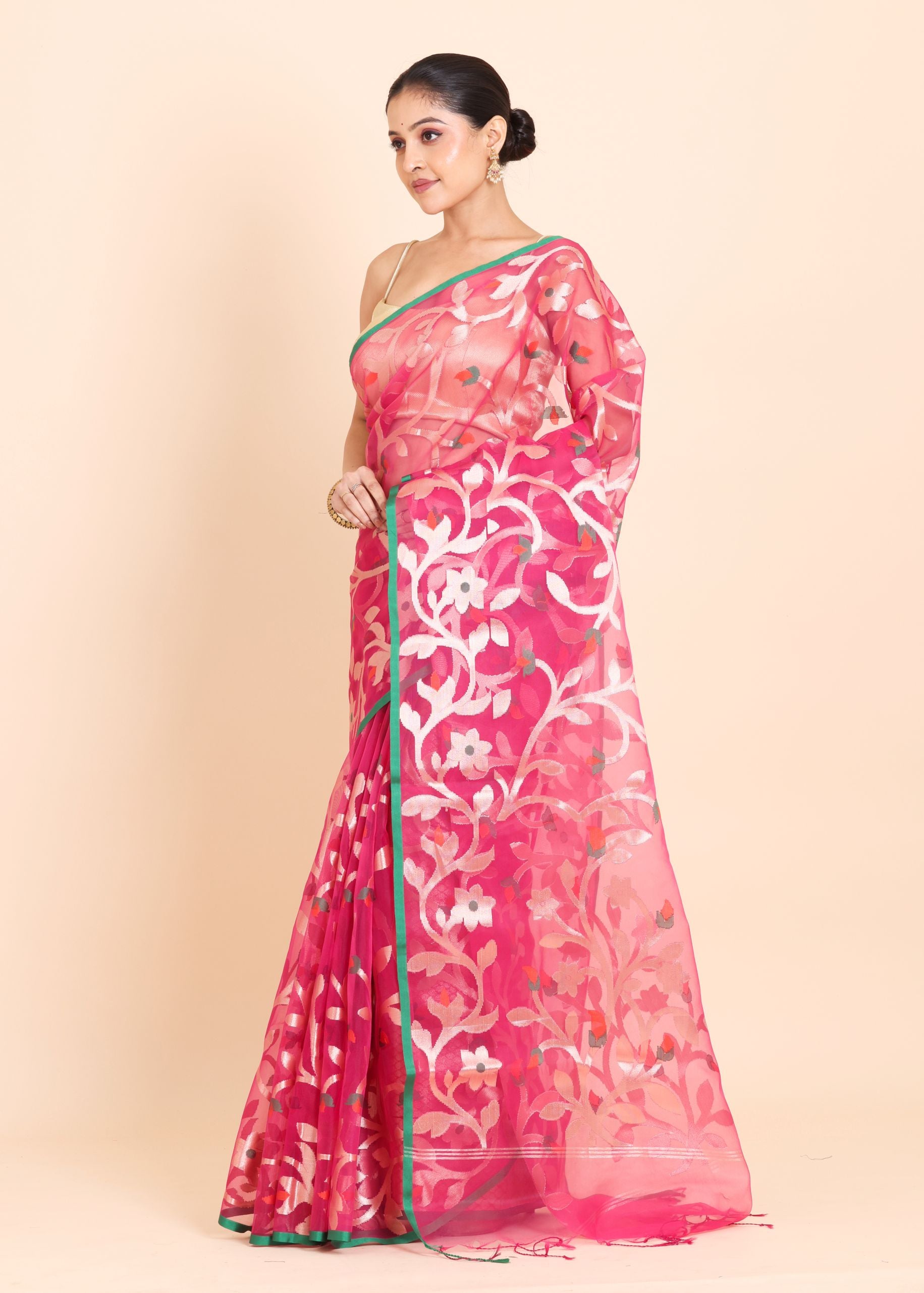Pink Organza Jamdani Saree With all Over Jaal Work Side