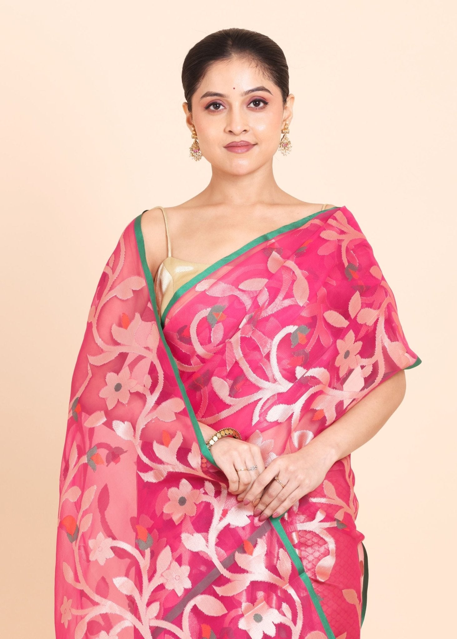 Pink Organza Jamdani Saree With all Over Jaal Work - Anvi Couture