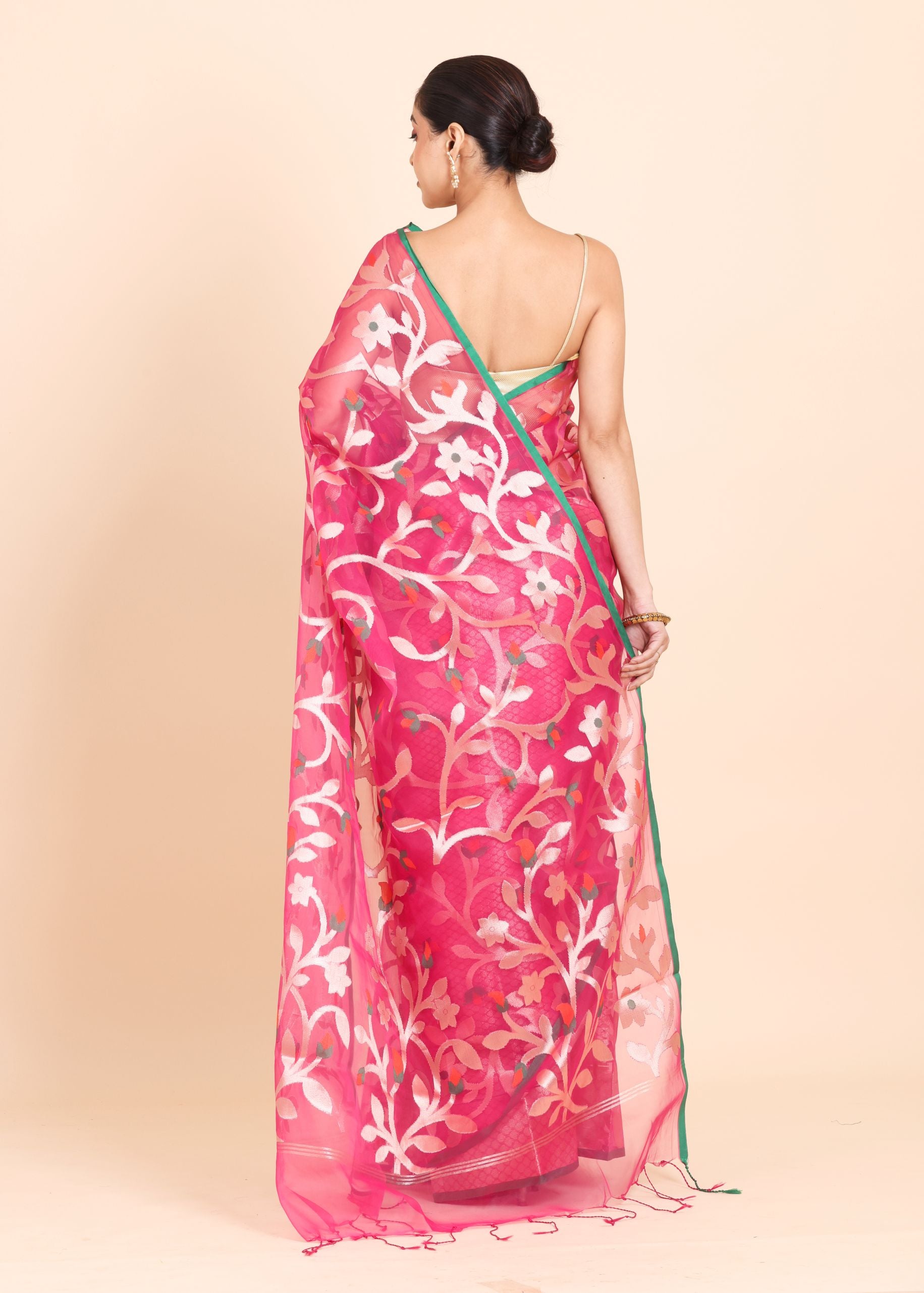 Pink Organza Jamdani Saree With all Over Jaal Work Back