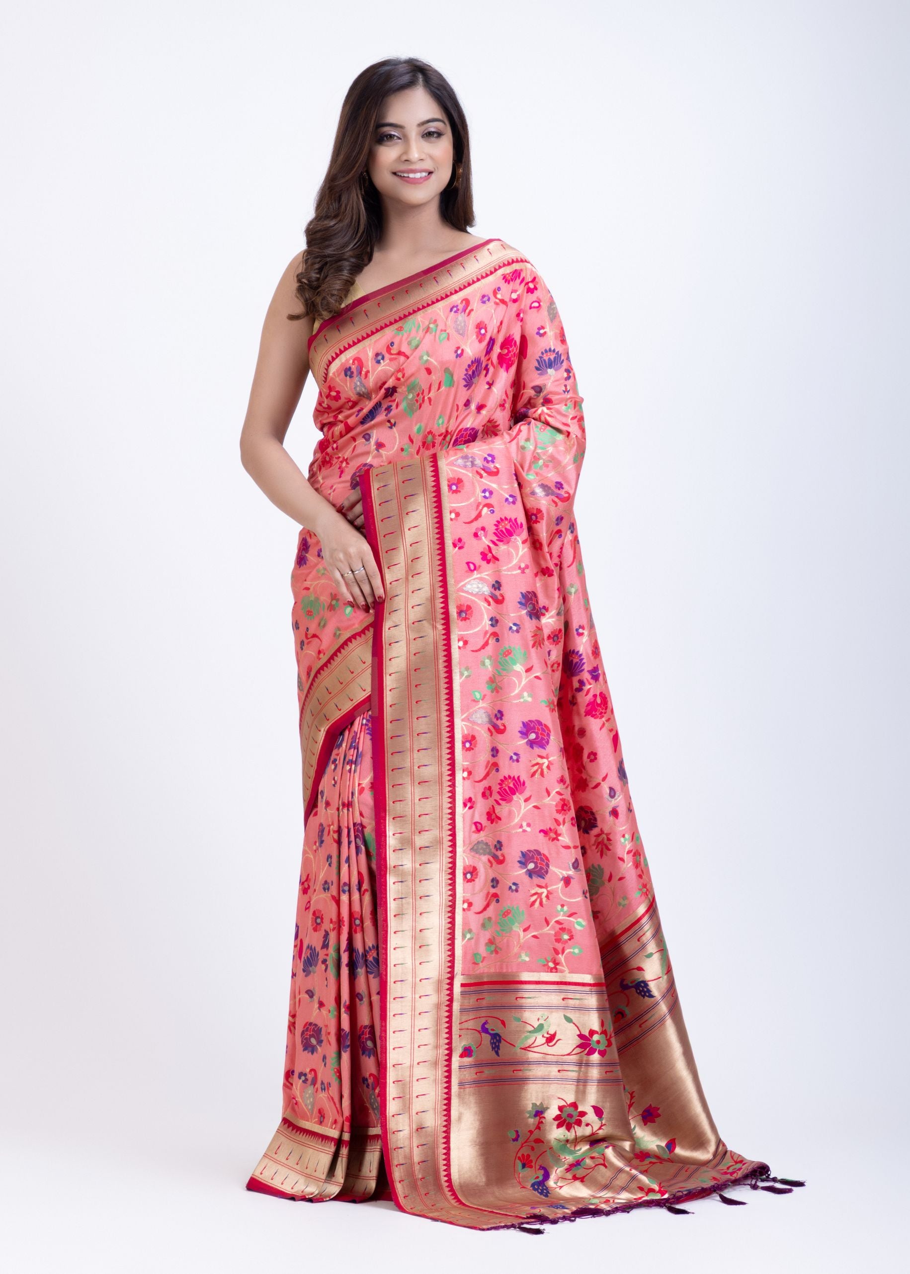 Pink Paithani Saree with Multi color floral Weaving Full
