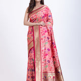 Pink Paithani Saree with Multi color floral Weaving Front
