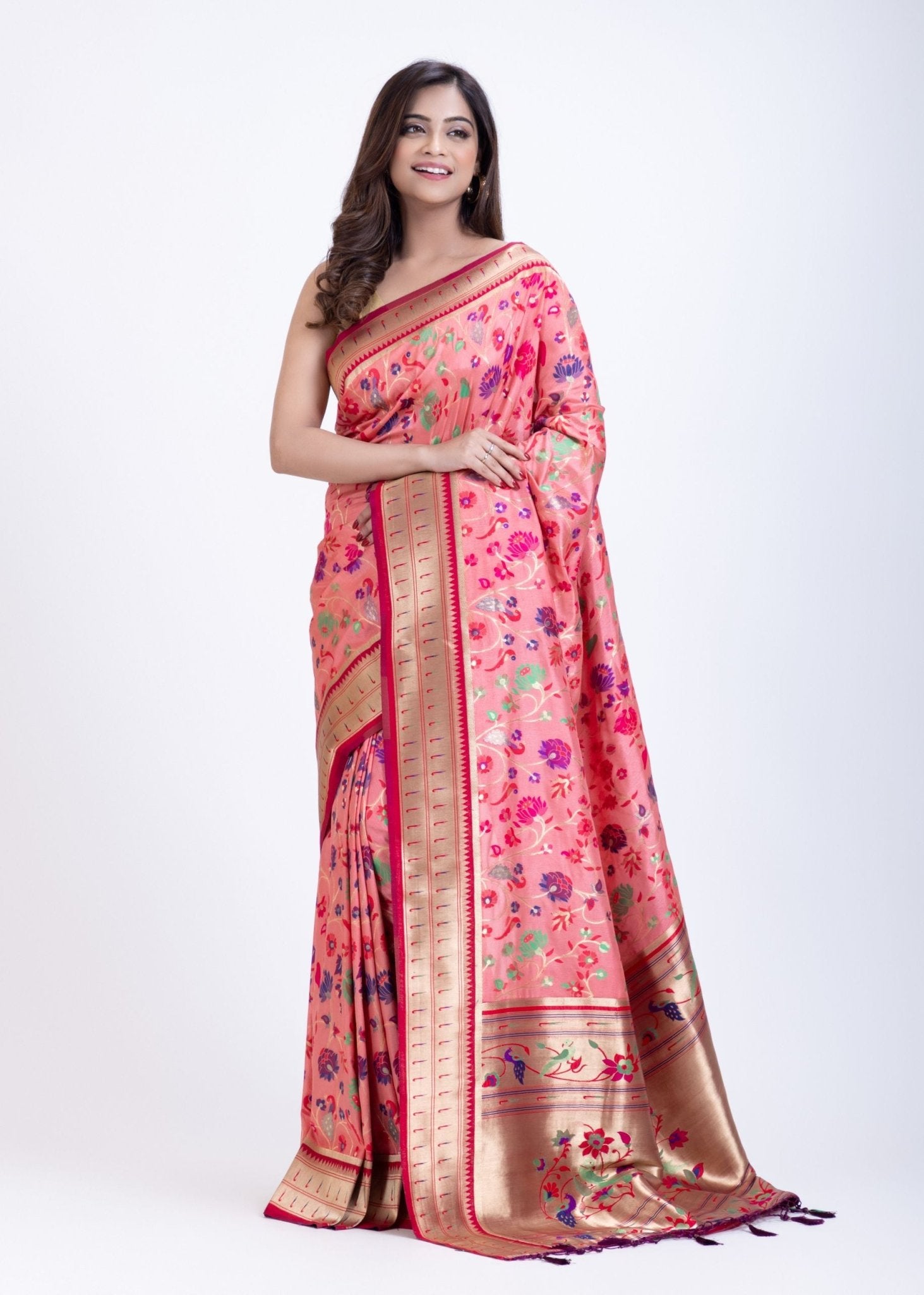 Pink Paithani Saree with Multi color floral Weaving - Anvi Couture