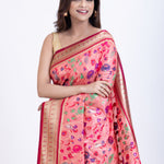 Pink Paithani Saree with Multi color floral Weaving Close Up
