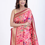 Pink Paithani Saree with Multi color floral Weaving Close Up
