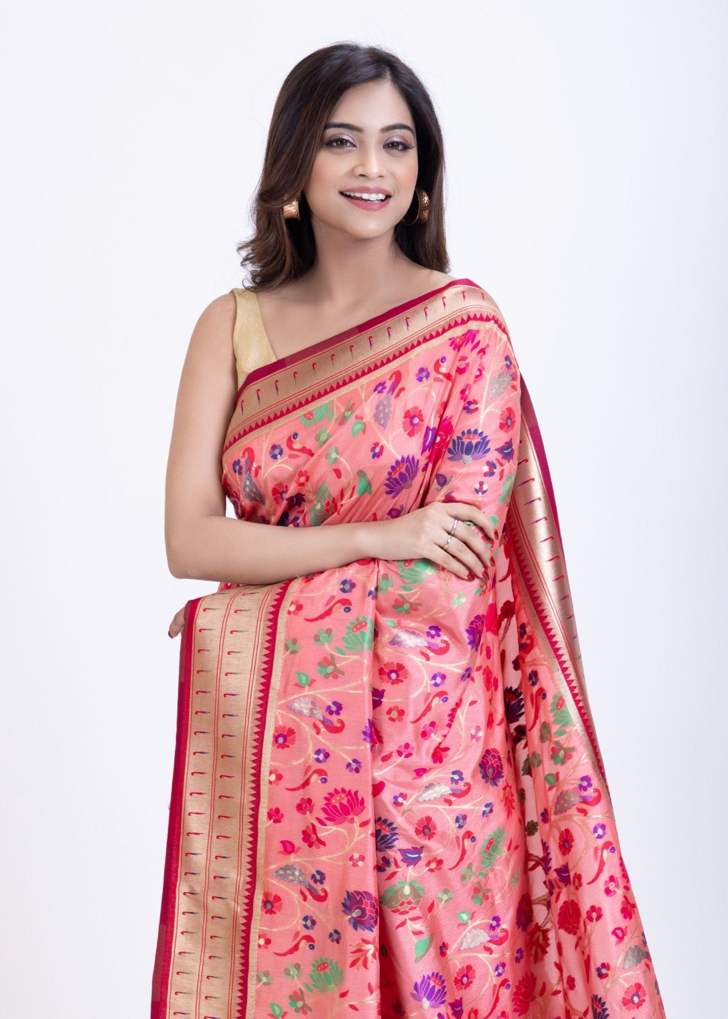 Pink Paithani Saree with Multi color floral Weaving - Anvi Couture