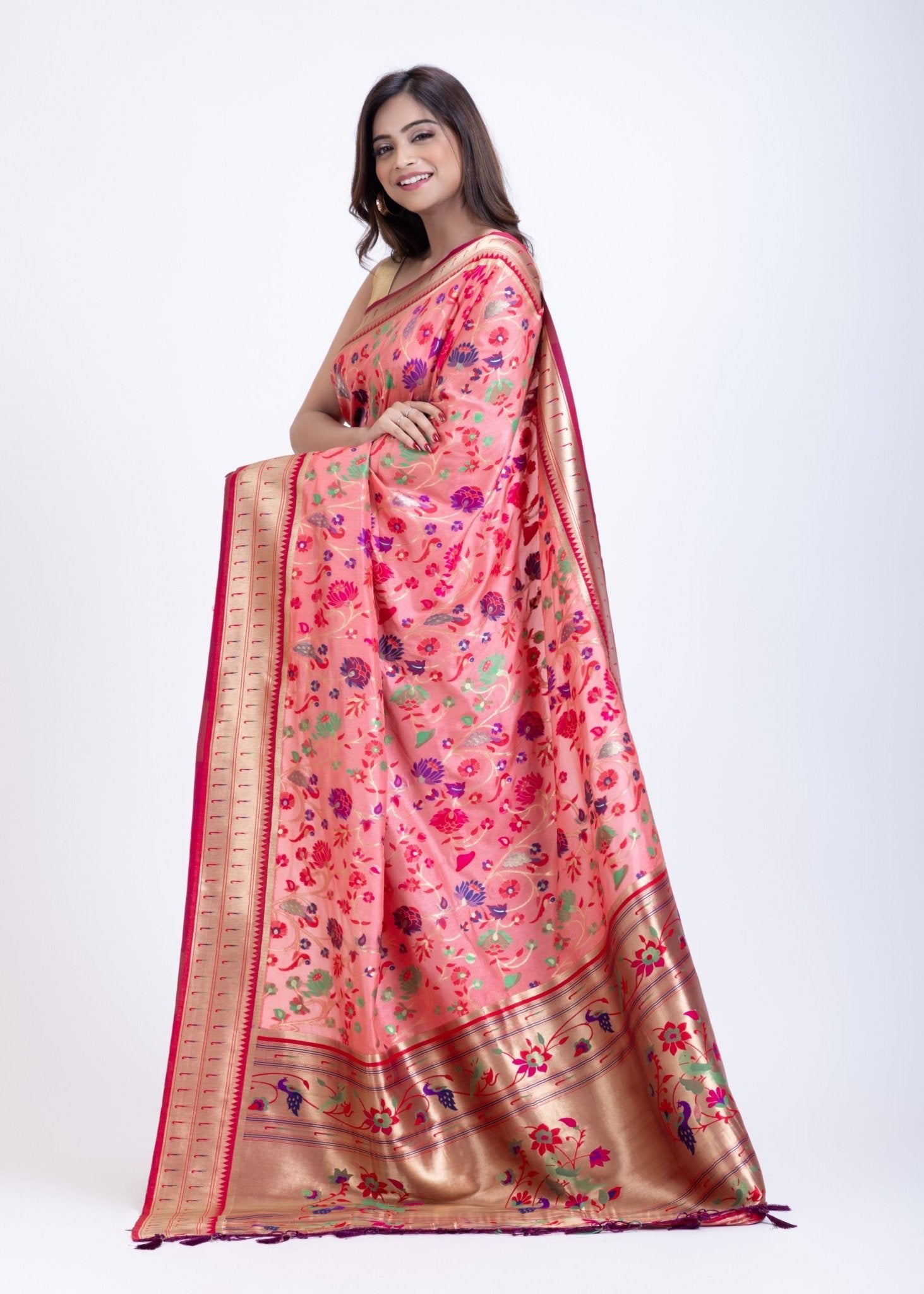 Pink Paithani Saree with Multi color floral Weaving - Anvi Couture