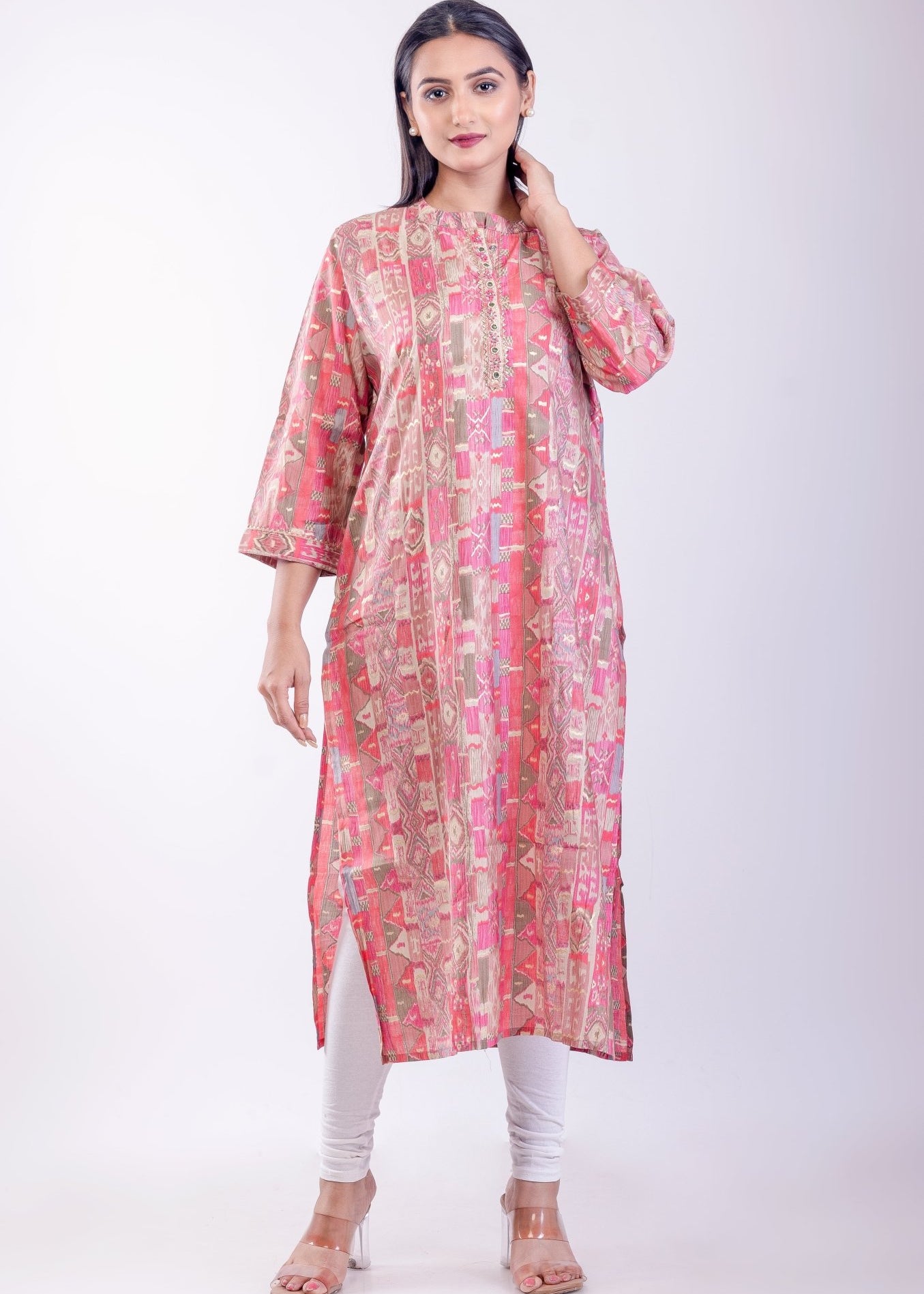 Pink Printed Silk A-Line Kurta - Anvi Couture