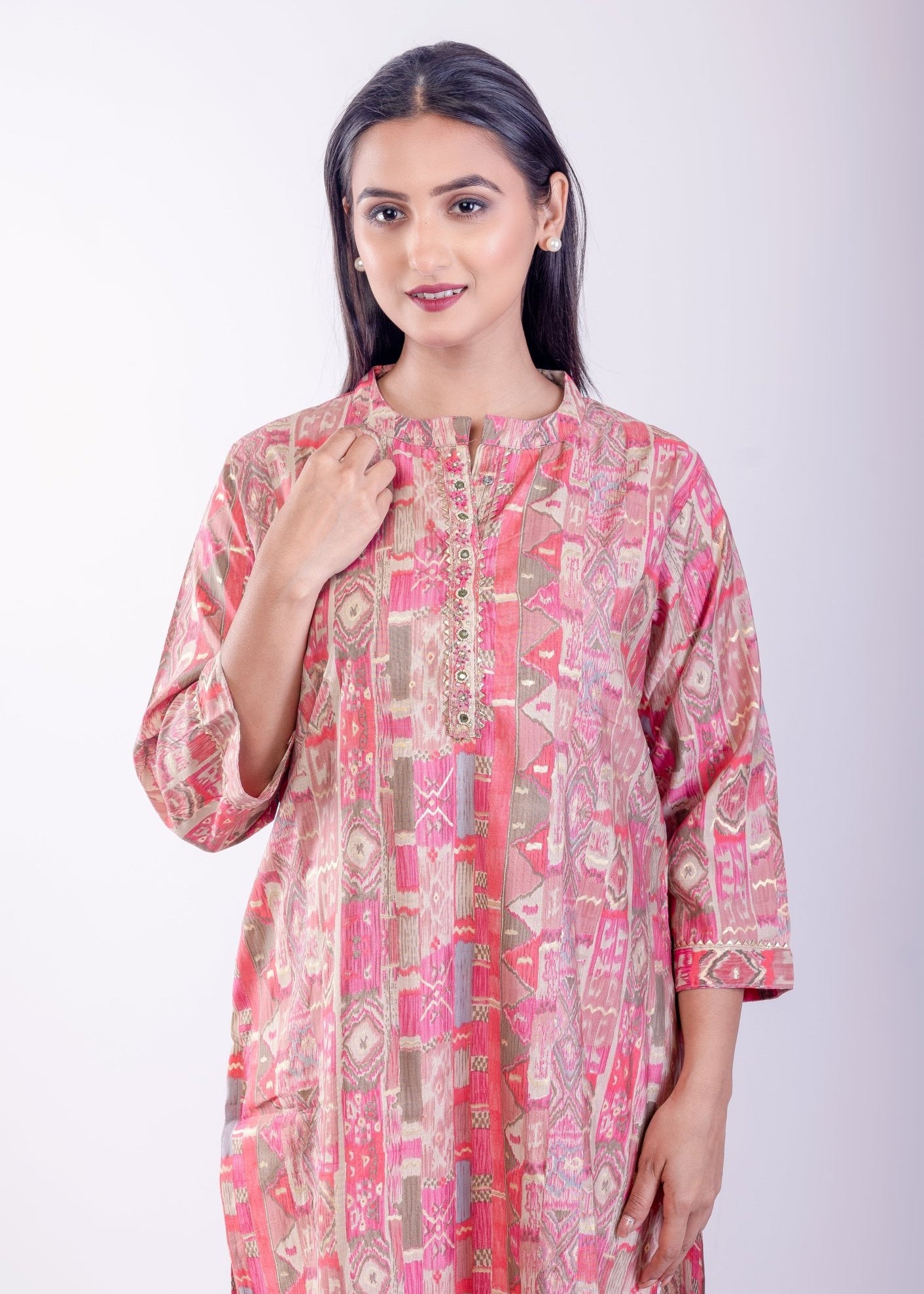 Pink Printed Silk A-Line Kurta - Anvi Couture