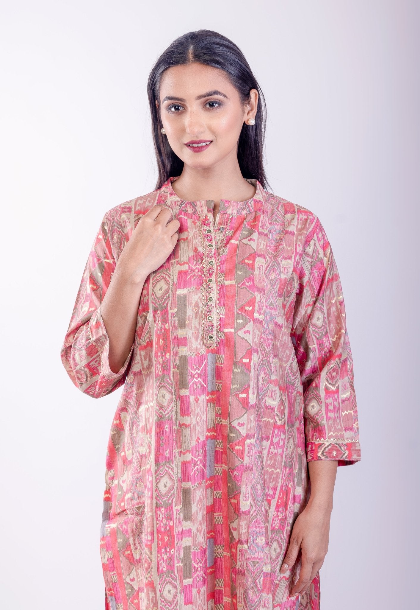 Pink Printed Silk A-Line Kurta - Anvi Couture