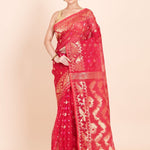 Pink Pure Dhakai Jamdani Saree with Golden allover Weaving work - Anvi Couture