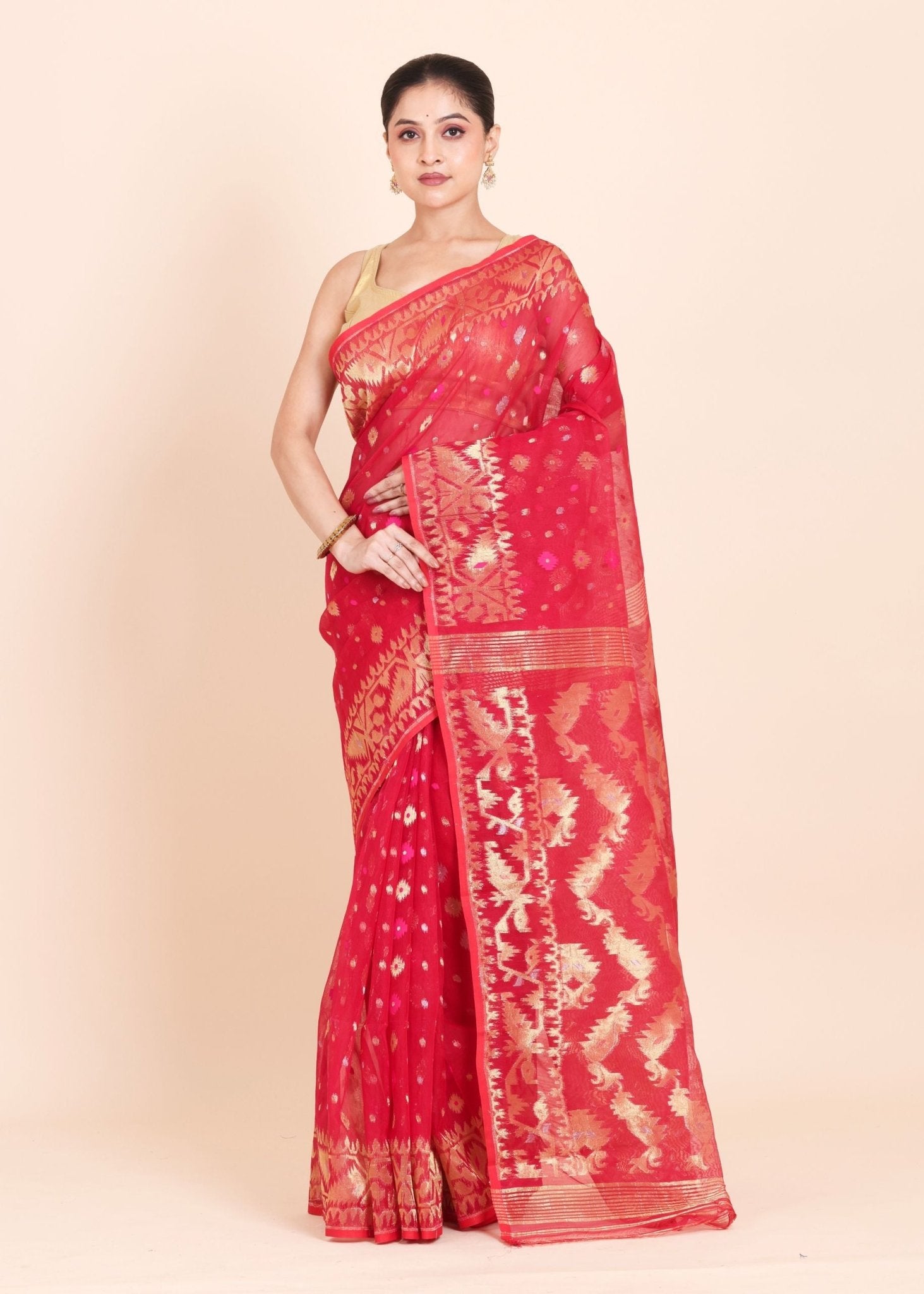 Pink Pure Dhakai Jamdani Saree with Golden allover Weaving work - Anvi Couture
