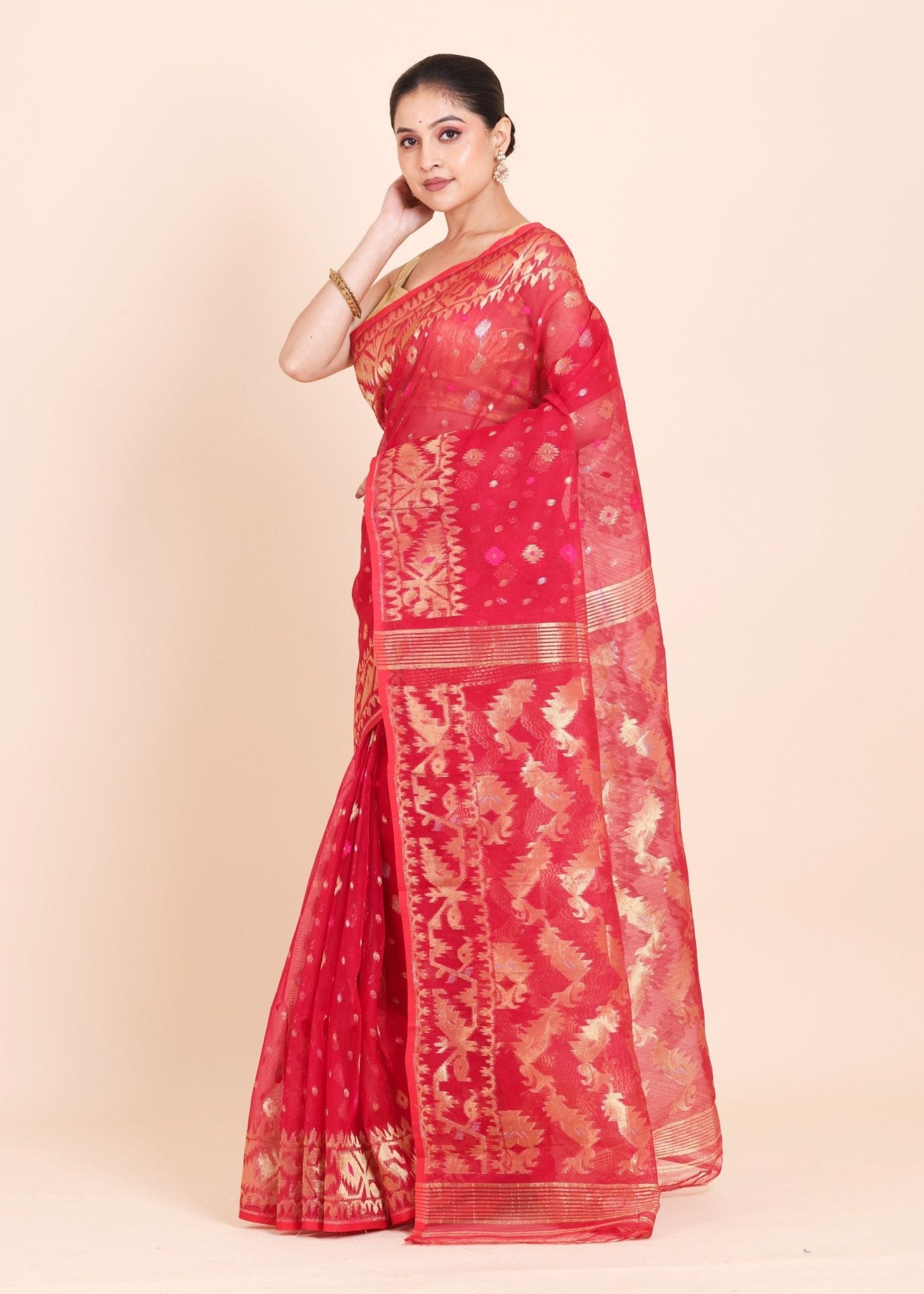 Pink Pure Dhakai Jamdani Saree with Golden allover Weaving work - Anvi Couture