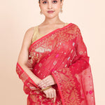 Pink Pure Dhakai Jamdani Saree with Golden allover Weaving work - Anvi Couture