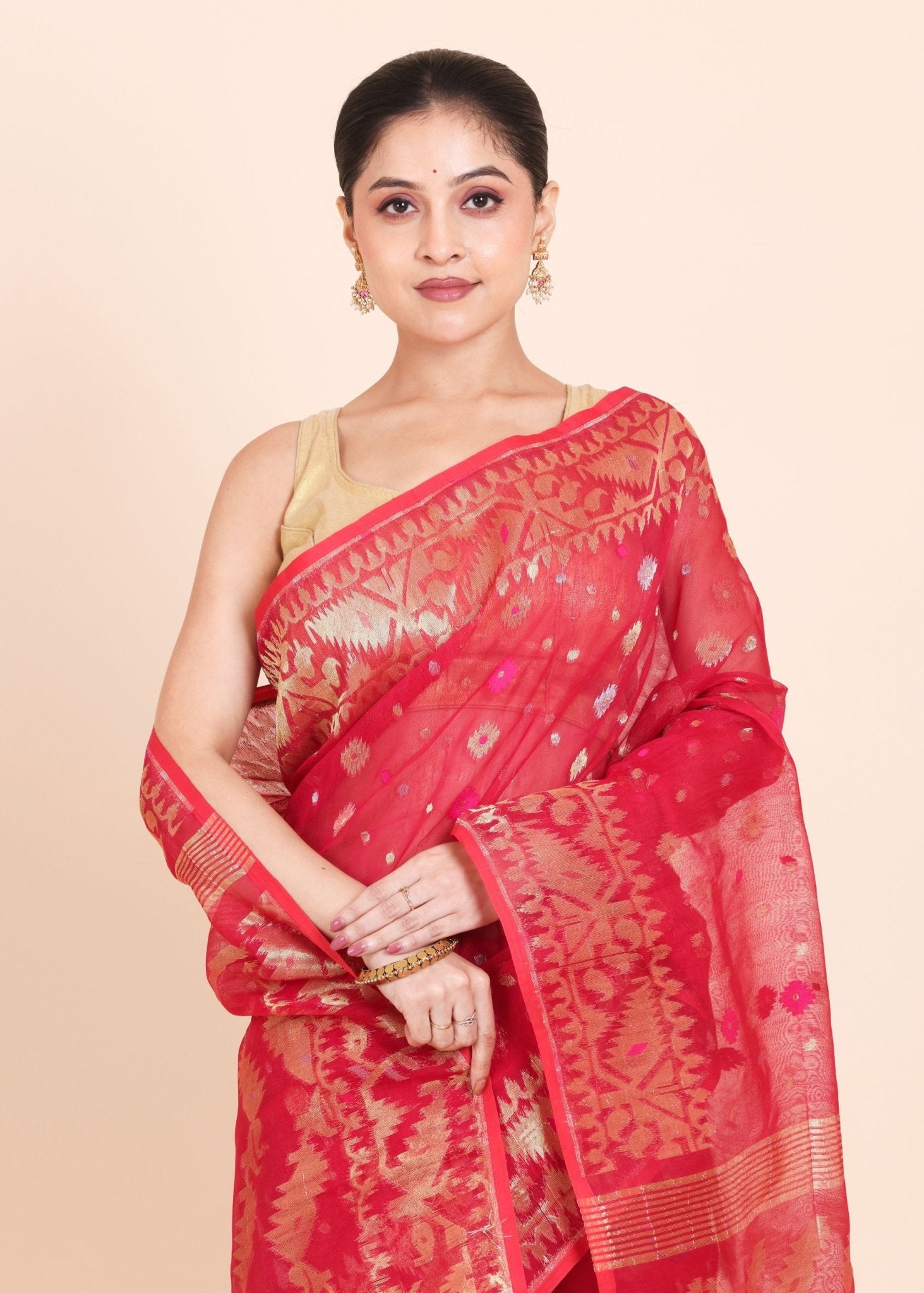 Pink Pure Dhakai Jamdani Saree with Golden allover Weaving work - Anvi Couture