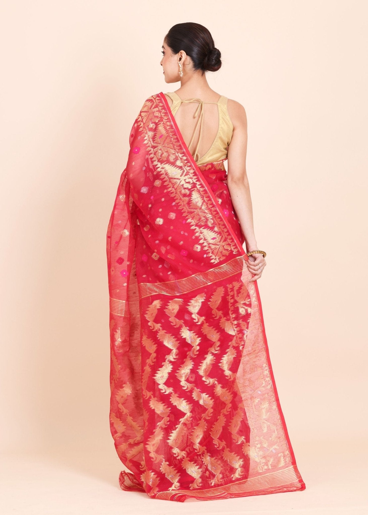 Pink Pure Dhakai Jamdani Saree with Golden allover Weaving work - Anvi Couture